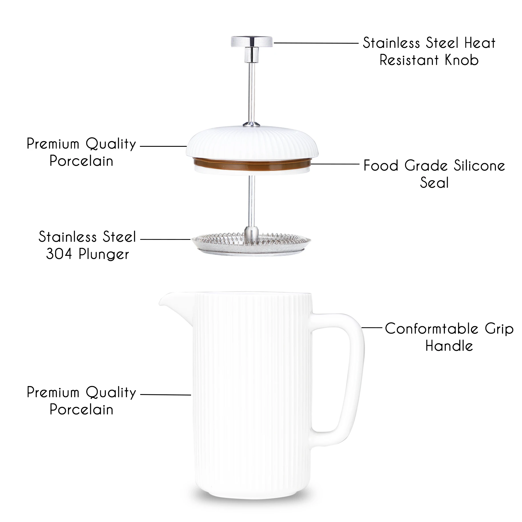 Easyworkz Porcelain French Press Coffee Maker with Stainless Steel Plunger, Ivory