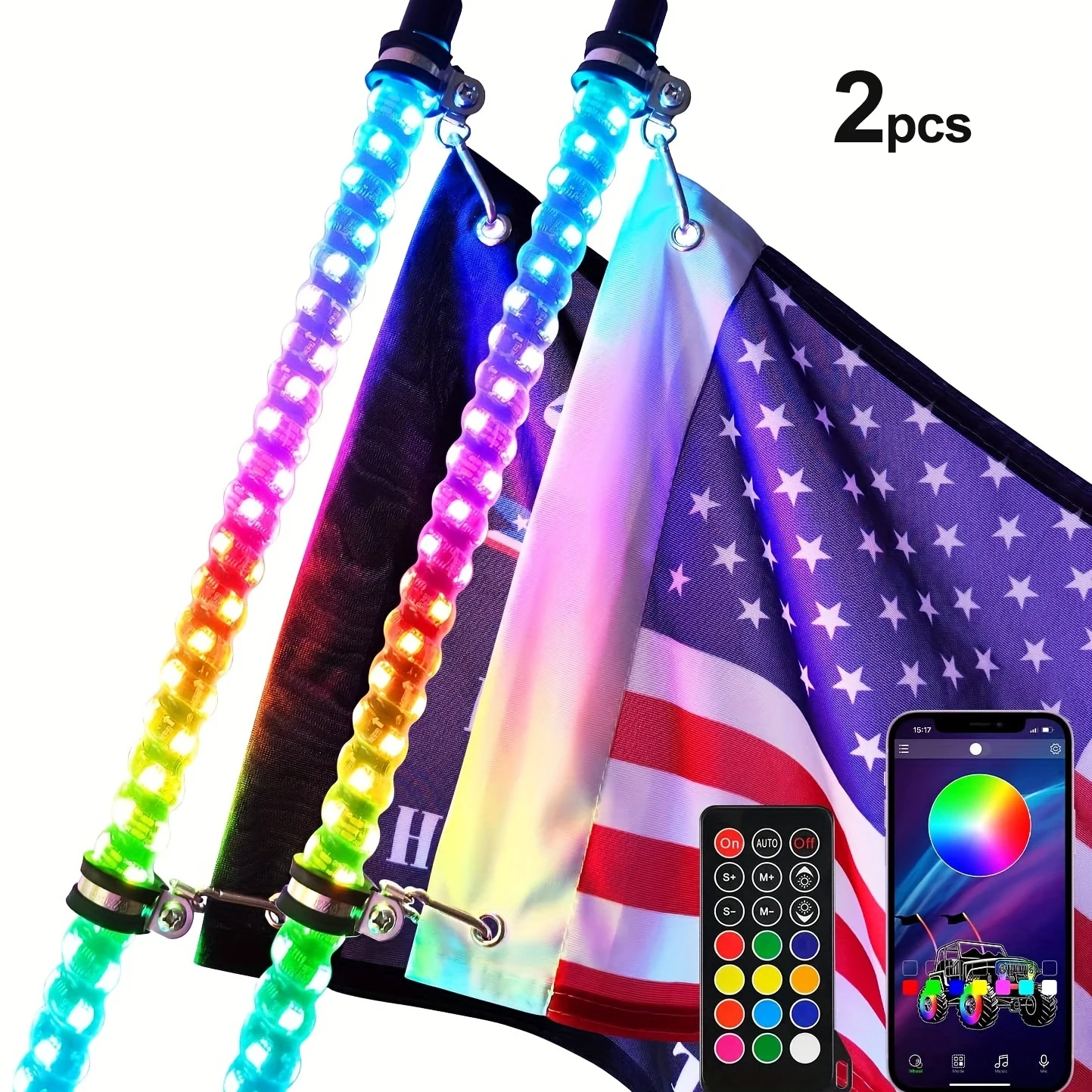 

2pcs Spiral Whip Lights Remote Control, Turn Signal & Brake Lights Function, Dream-Color Dancing For UTV RZR Can-Am SxS Sand