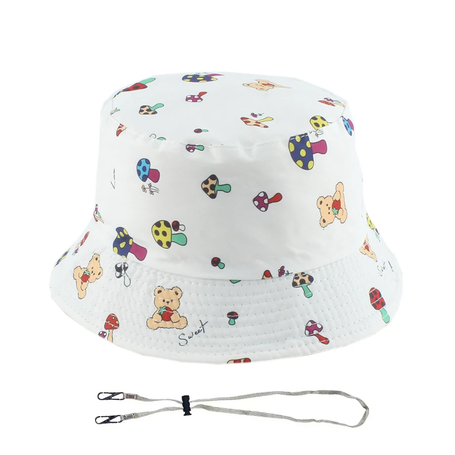 Summer Kids Cartoon Bear Bucket Hat Boys Girls Cute Mushroon Print Fishman Cap Baby Outdoor Travel Panama Beach Caps Children
