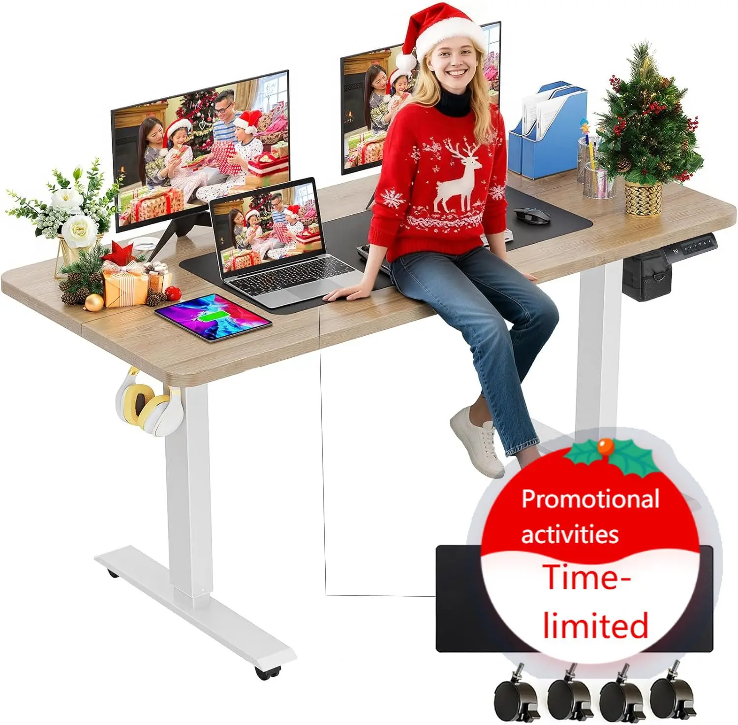 Electric Standing Desk Adjustable Height, 55 x 24 Inch Stand up Desk with Large Mouse Pad, Rolling Wheels & Foot Pad,27''-46'' L