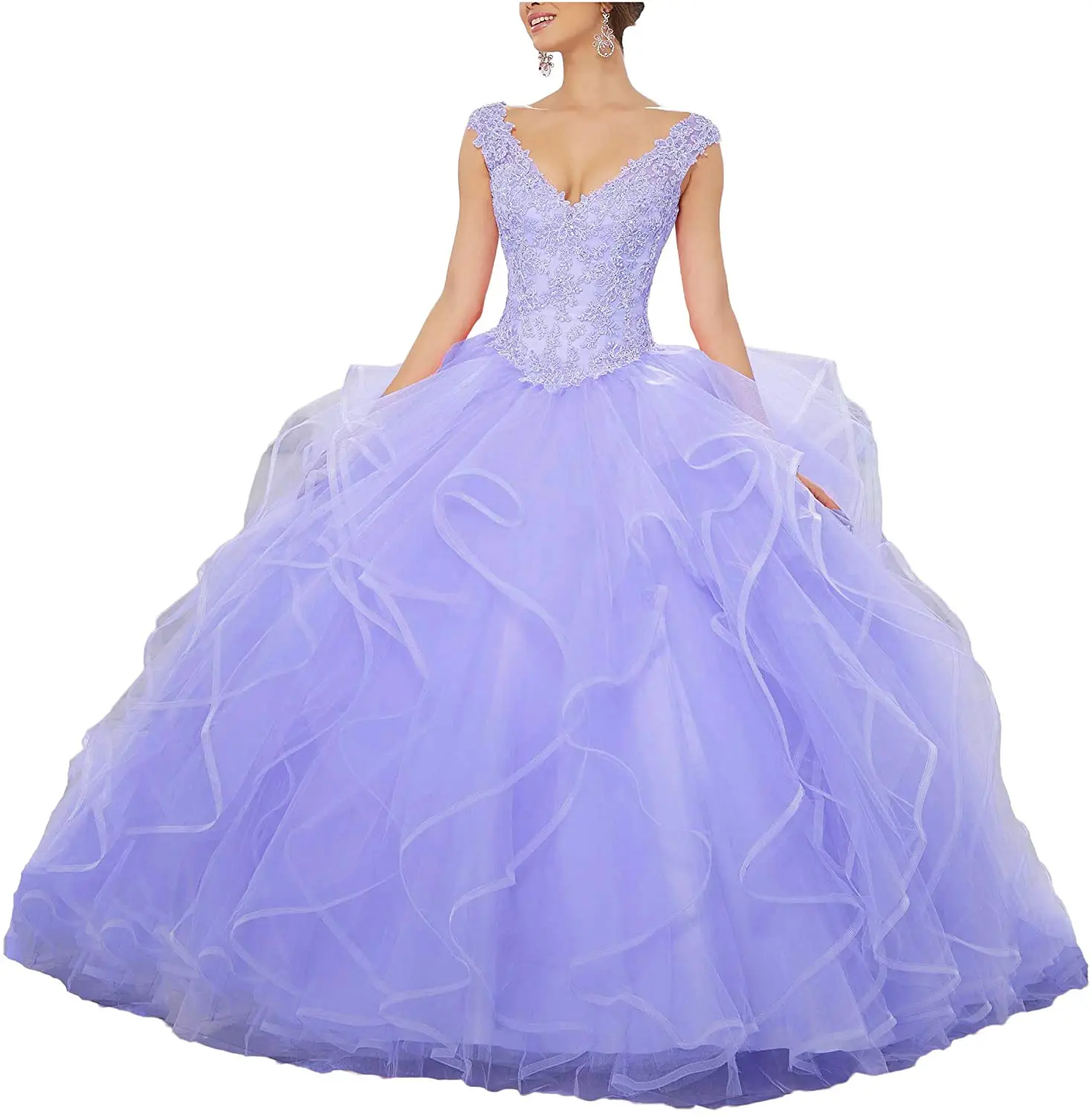 CharmingBridal V-Neck Long Formal Prom Dress Beaded Lace Ruffle Tulle Quinceanera Dresses Ball Gown Sweet 15 Dress Plus Size