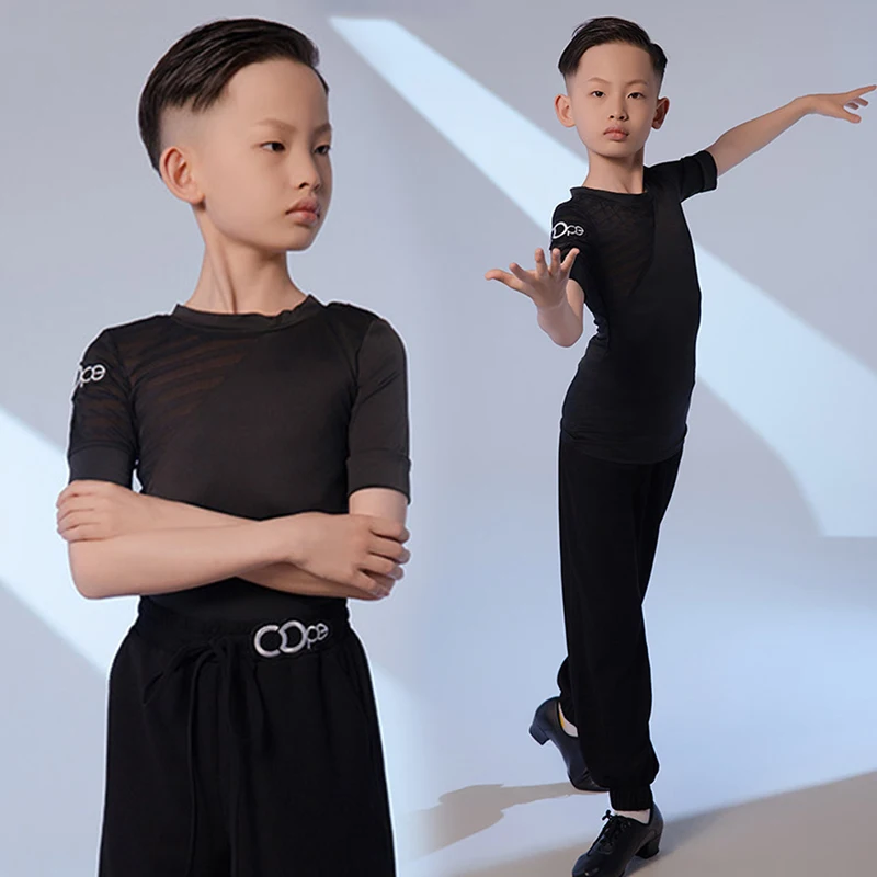 

Latin Dance Clothes For Boys Summer Black Short Sleeve Top Training Trousers Kid Latin Practice Pants Cha Cha Dancer Outfit 353