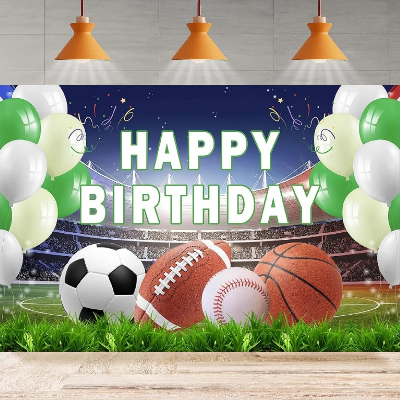 Photography Backdrop Boys Basketball Baseball Football Soccer Field Stadium Background Teens Sport Ball Happy Birthday Banner