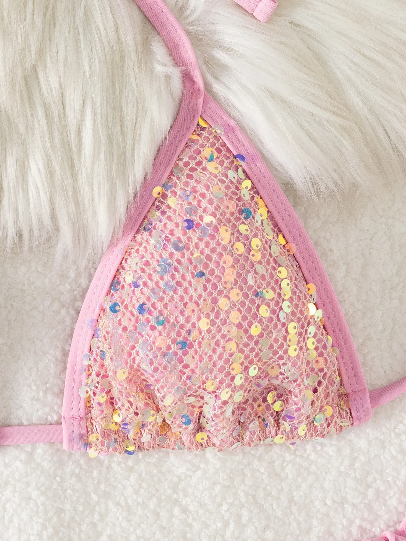 Sexy Mesh Sequin Lace-up Bandage Bikini Sets Split Swimsuit for Women Ruffled Triangle Bathing Suits Trend Swimwear 2024