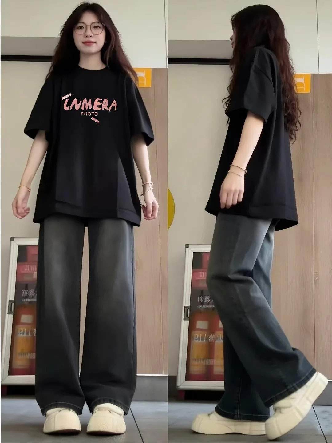 Casual High Waist Wide Leg Jeans Women's Loose Fit Draped Loose Feeling Slimming Summer New Style Black Grey Denim Pants