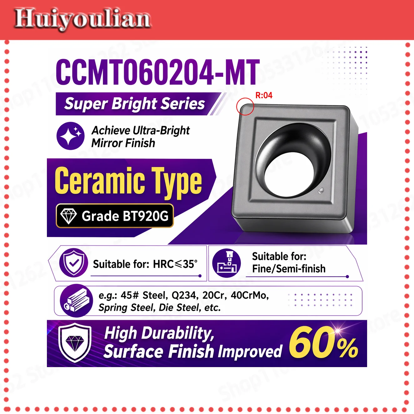 CCMT060204-MT CNC Lathe Boring Insert Ceramic Grade Ultra-Bright Series Max HRC35 Finishing Semi-finishing