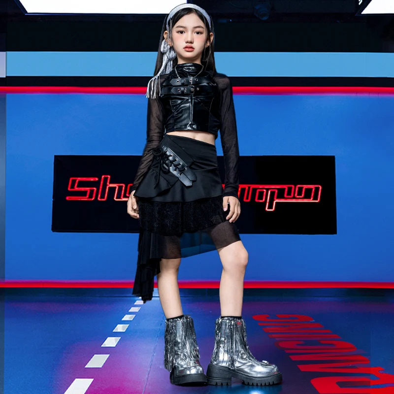 Costume de scène pour enfants, fille, hip-hop, haut et jupe en cuir patchwork, ensemble de vêtements 2 pièces, vêtements de scène pour enfants