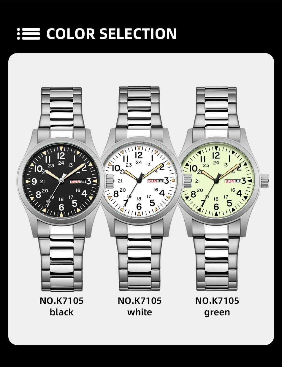 2026 Herren 38mm Leuchtende Zifferblatt-Uhr mit Tages- und Datumsanzeige, im Dunkeln leuchtend, grün, 30M wasserdicht, Felduhr mit Edelstahlarmband – Detail 7