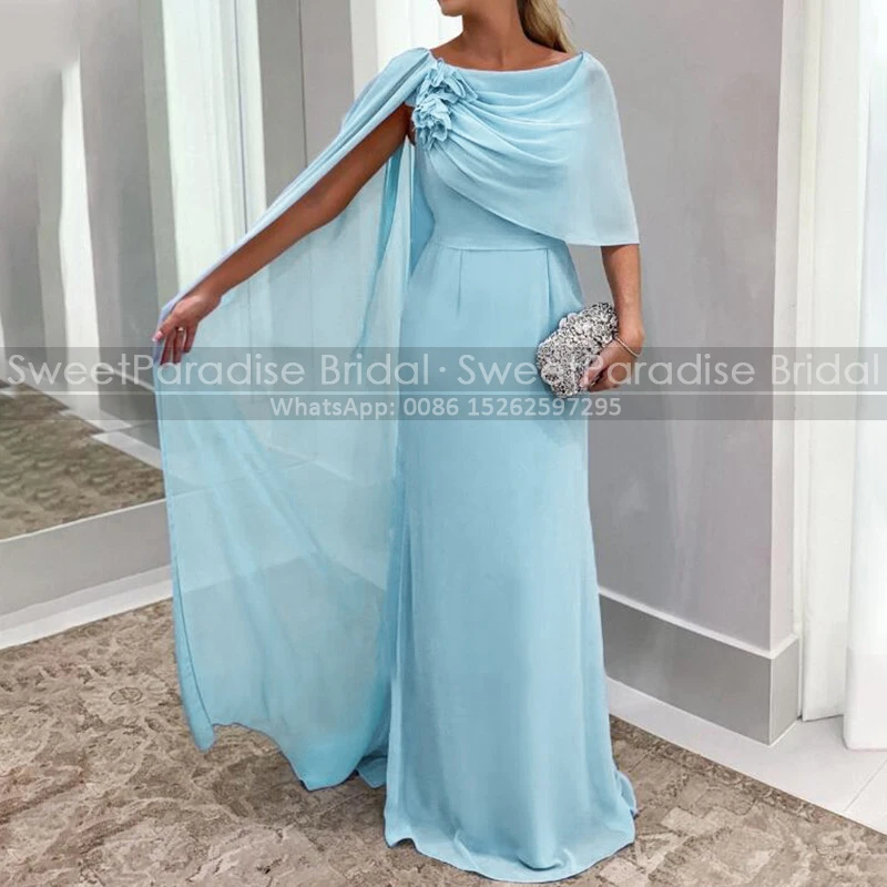 Shawl Long Mother of the Bride Dresses Blue Chiffon Sheath Plus Size Customized Formal Evening Dress Party For Women