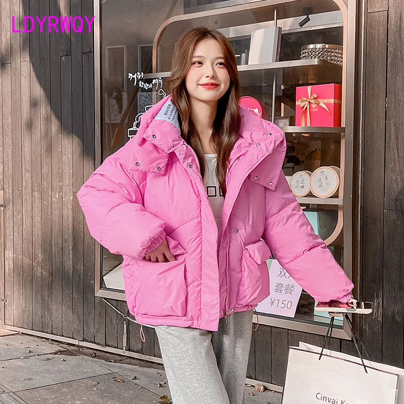 Green hooded down jacket for women 2023 winter new loose and warm small bread jacket jacket