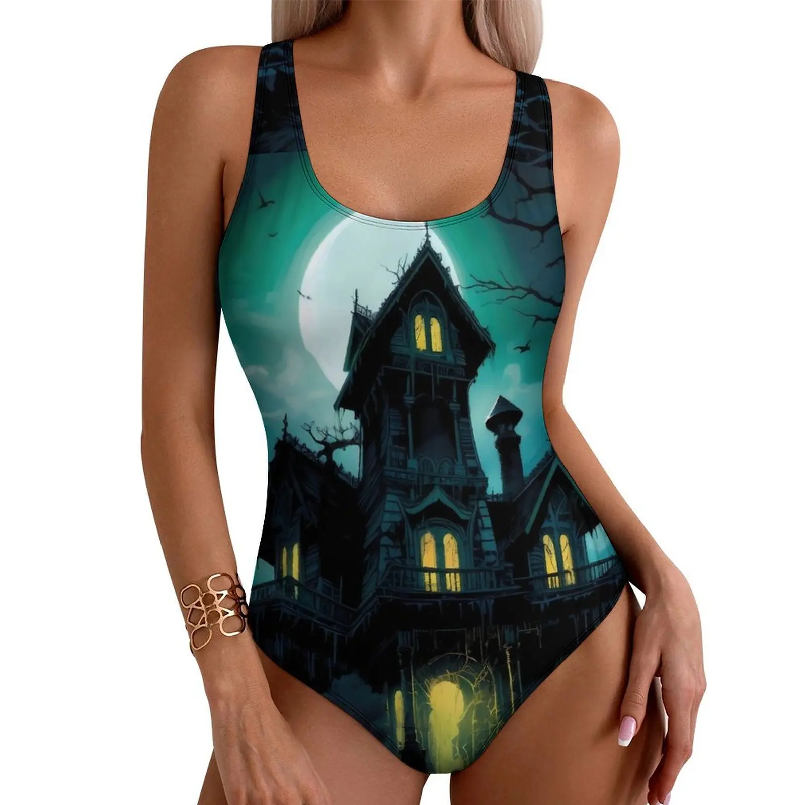 Haunted Mansion Swimsuit Halloween Print One Piece Swimwear Push Up Fantasy Monokini Sexy Sport Graphic Beach Outfits