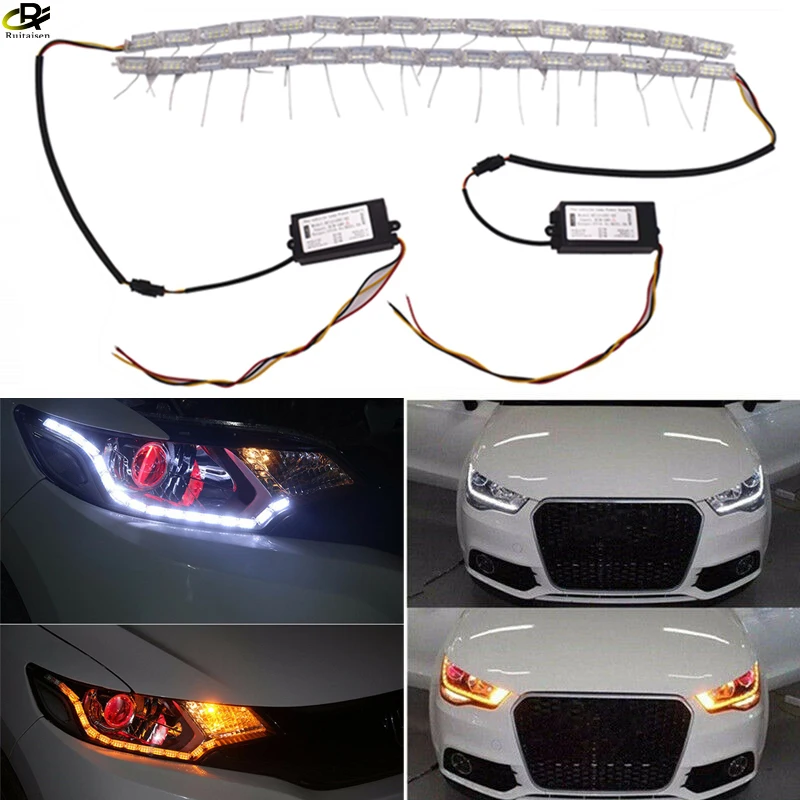 

16LED 50cm 20inch Universal Flexible Auto Front Headlight Car LED Strip Lights Crystal Stretchable Flowing DRL Turn Signals Lamp