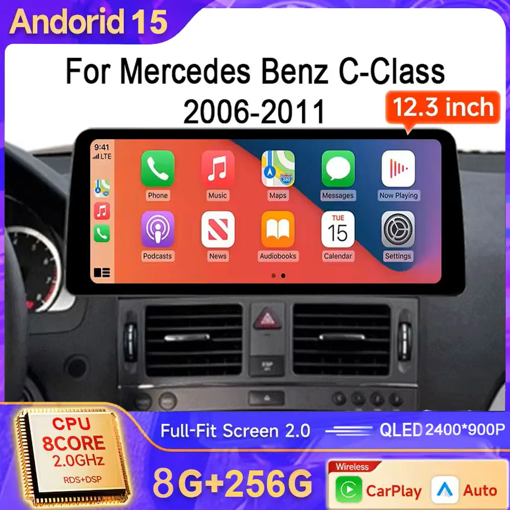شاشة 12.3 بوصة أندرويد 15 لسيارة Mercedes Benz C-Class W204 S204 2006-2011 نظام تحديد المواقع مشغل فيديو الوسائط المتعددة راديو رئيس 4G Carplay