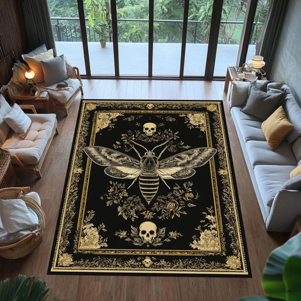 Gothic Golden Death Moth Skull Floral graphics carpet game room bedroom bedside rug entry hallway Washable Rug Gift