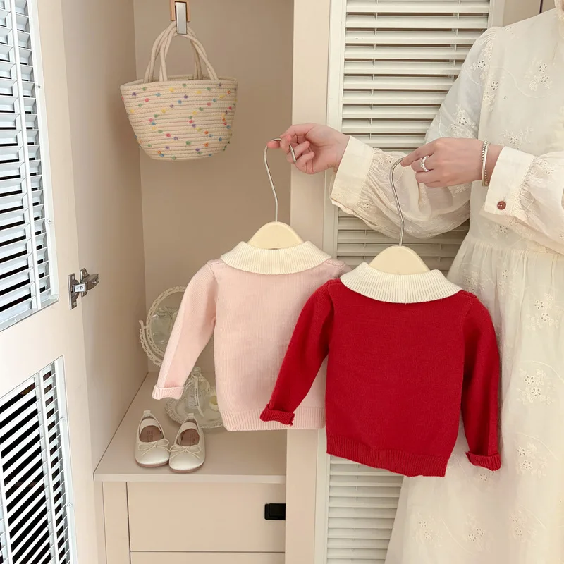 2026 Autumn New Girls Cute Bow Knitted Cardigan Solid Infant Sweet Lapel Sweater Coat Baby Girl Knitwear Toddler Clothes