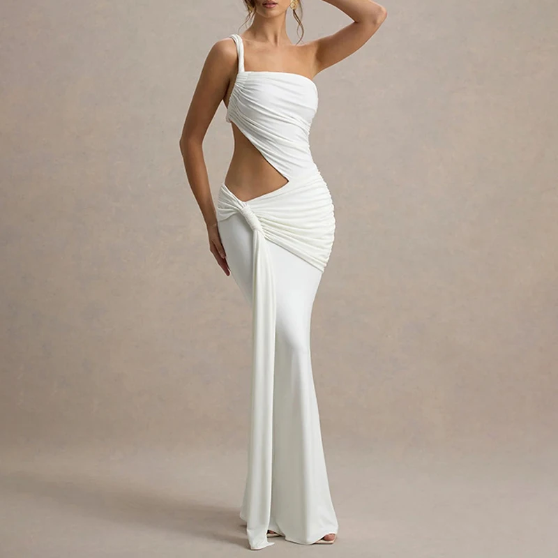 Sexy Hollow Out Pleat Beach Cover-up Dress Fashion One-shoulder Solid Color Evening Dress Elegant Sleeveless Bodycon Long Dress