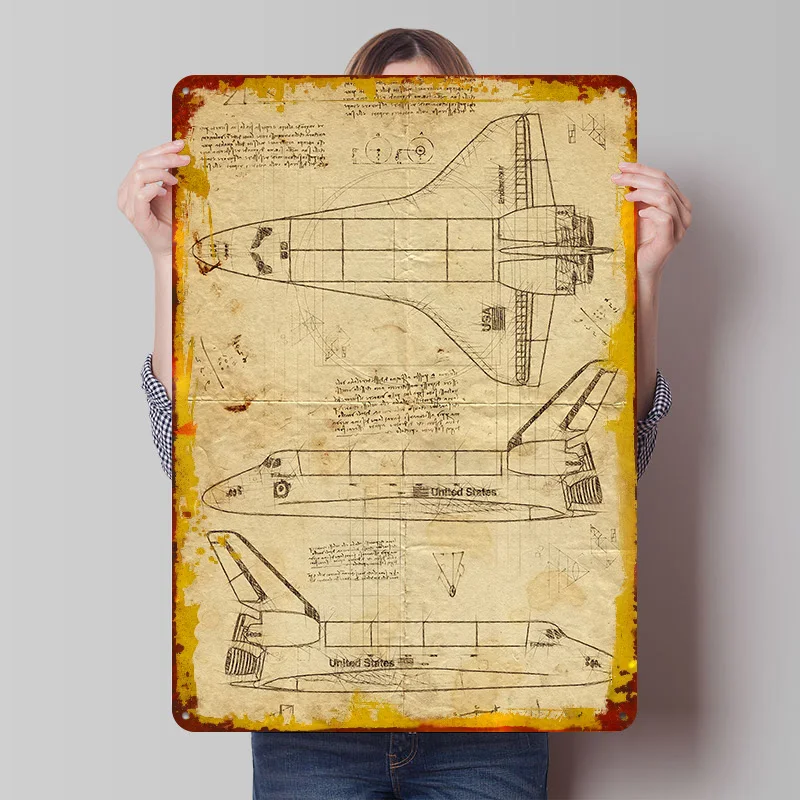 Drawings of a Shuttle Poster Customized Wall Art Vintage Metal Signs Retro Tin Plaque for Man Cave Home Decor Room Decorations