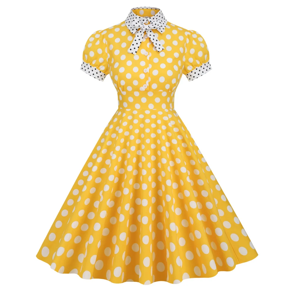 Robe Vintage à Pois Jaune pour Femme, Tenue de Cocktail Rétro Rockabilly, Col Rabattu, Vêtement d'Été, Années 1950 et 40