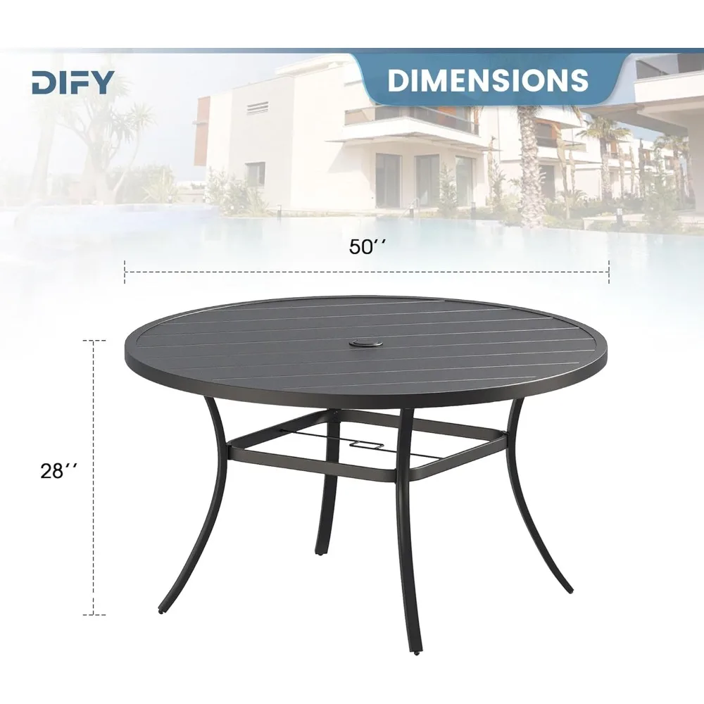 طاولة طعام للفناء الخارجي تتسع لـ 6 مقاعد، طاولة معدنية مع فتحة مظلة قابلة للتعديل، أثاث لجميع الأحوال الجوية، مناسبة لـ 50 طلقة #3
