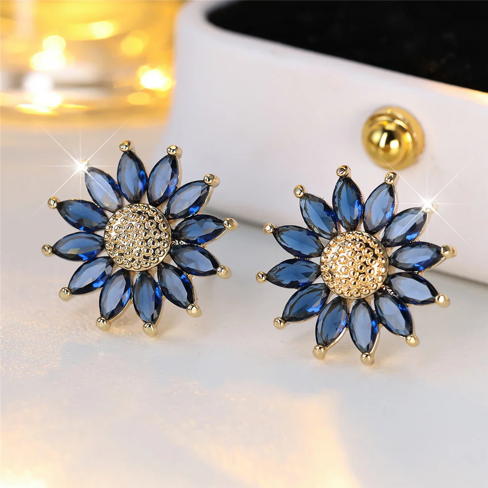 Female Cute Crystal Green Blue Zircon Stone Sunflower Stud Earrings Vintage Gold Color Wedding Fashion Jewelry For Women