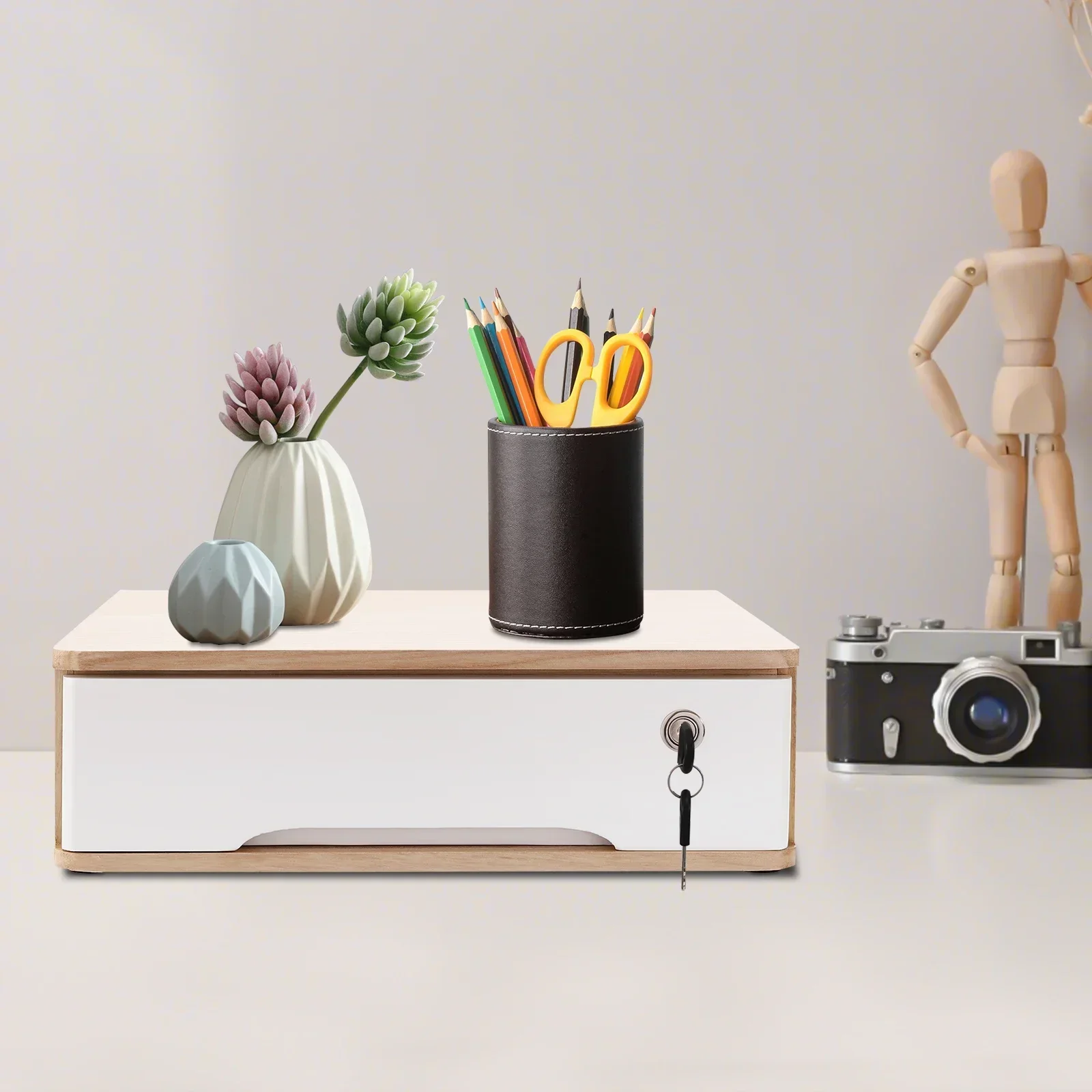 

1 Layer Locked Cabinet - Wood + White For Home Living Room To Store