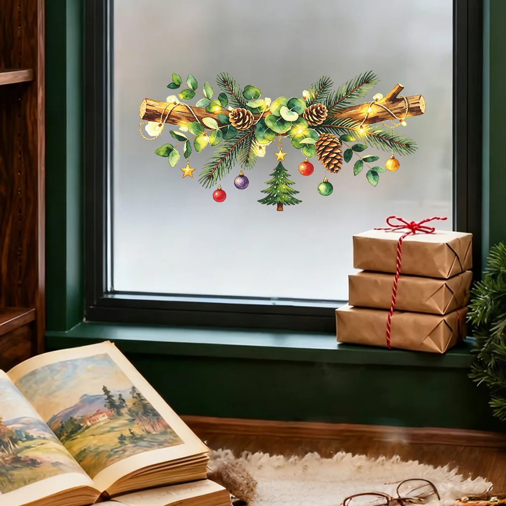 Self‑Adhesive Christmas Painted Pinecone Branch Window Decal, Festive Glass Sticker for Outdoor Balcony Window Home Decoration