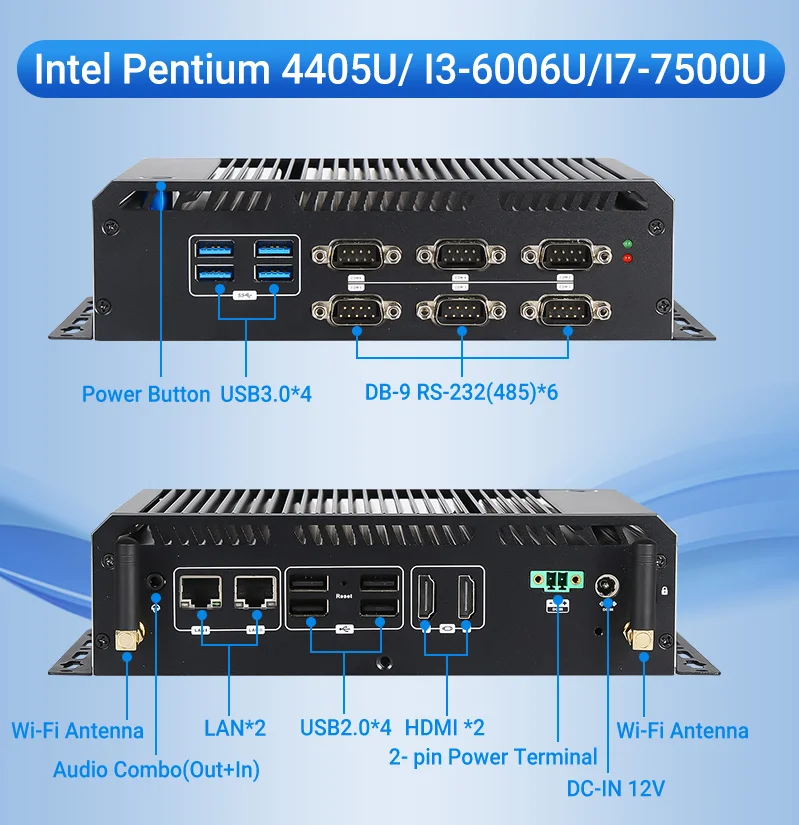 VNOPN Fanless Industrial Mini PC Dual NIC LAN 6*COM RS232 RS485 4405U/ i3 6006U/i7 7500U Win10/11 Ubuntu Linux