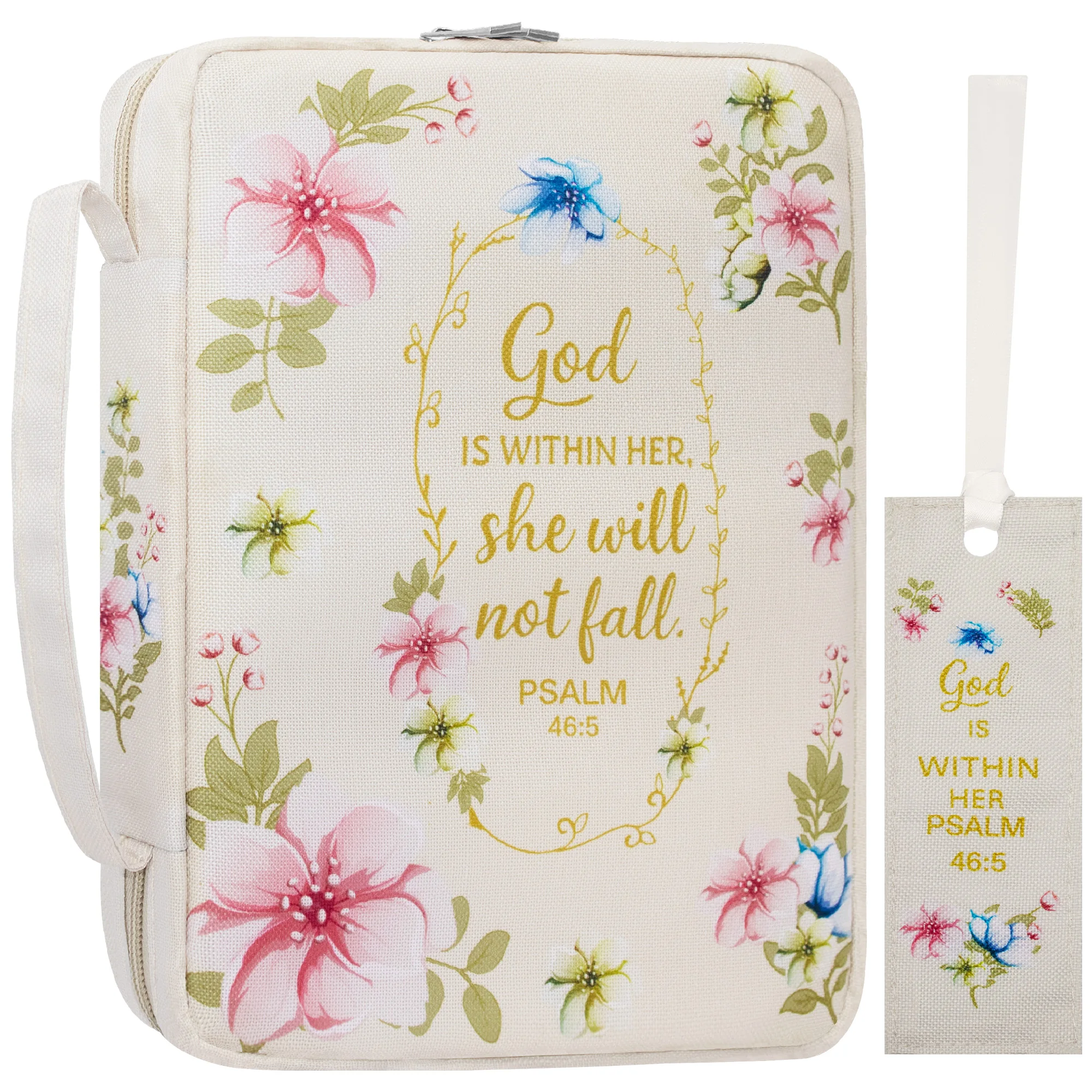 Floral Bible Cover for Women with Zipper and Handle, Large Capacity Scripture Case with Pen Holders and Pockets
