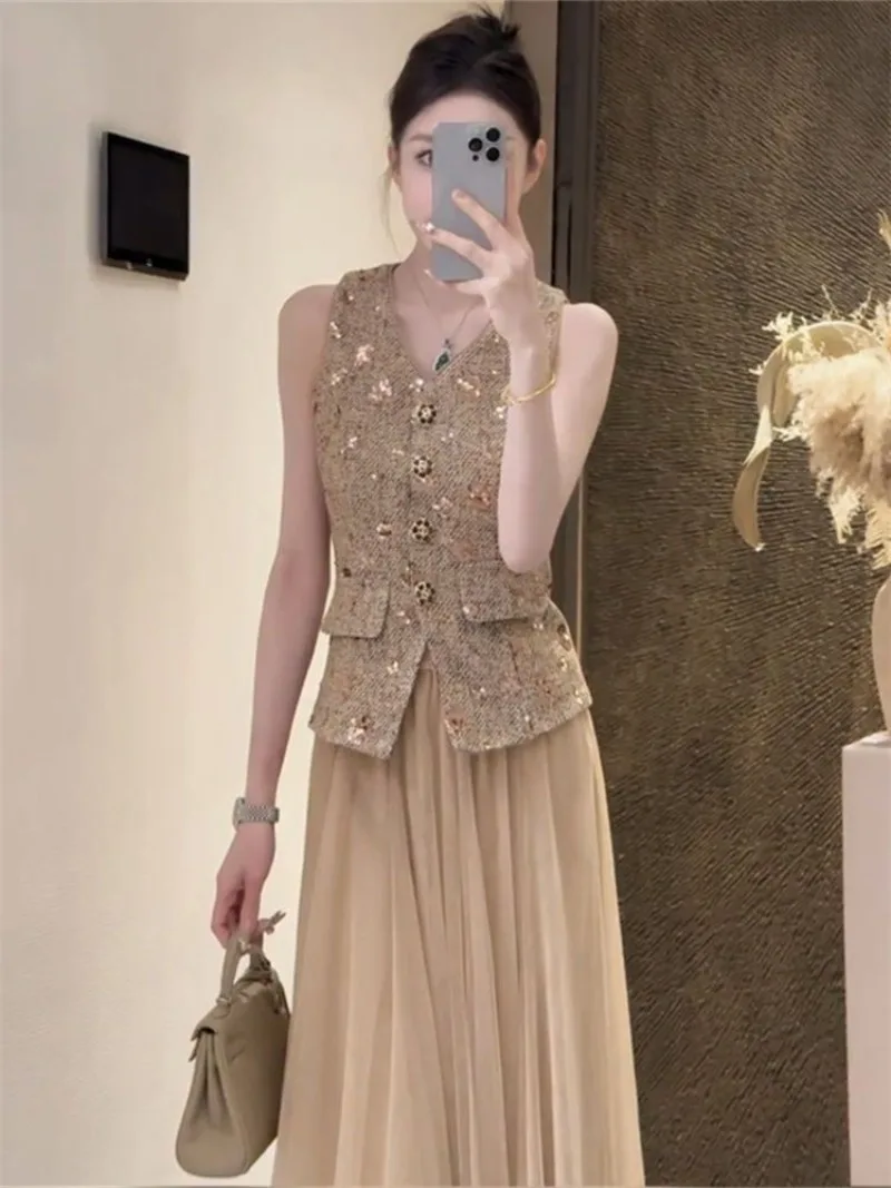 New Summer French Women's Two Piece Set Fashion Sequined Sleeveless Slim Vest Top + Mesh A-line Midi Skirt Small Fragrance Suit