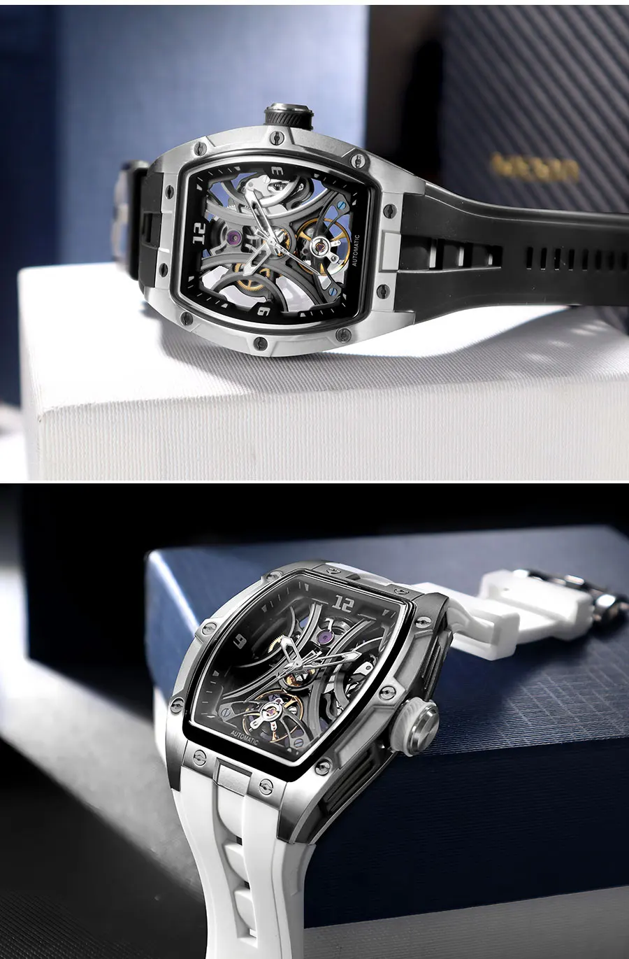 MEGIR Sport-Stil, automatische mechanische Uhr für Herren, voll hohl, transparentes Zifferblatt-Design, Edelstahlgehäuse, Silikonarmband – Detail 6