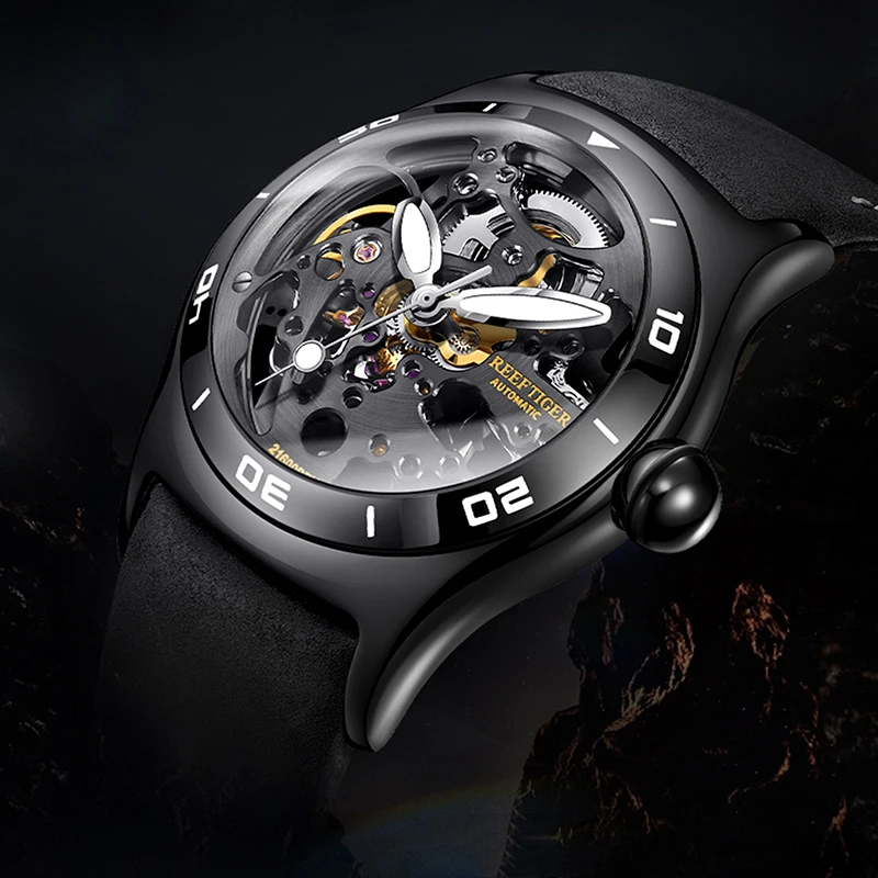 Reef Tiger Men's Stylish Skeleton Automatic Watch Featuring a Sporty Design, a Leather Strap, and Luminous Hands. RGA70S7-2