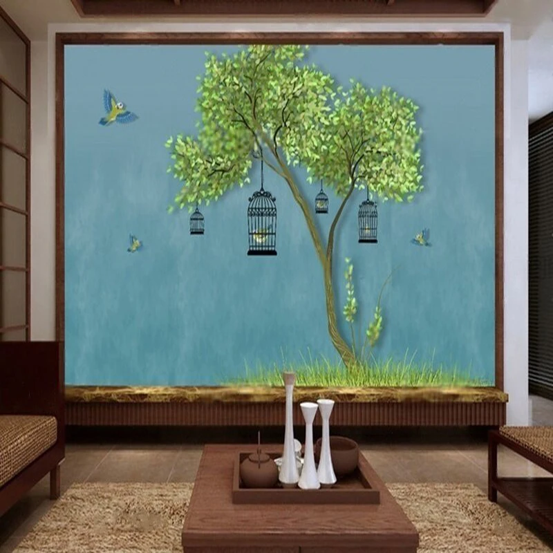 Retro Chinese-Style Beautiful Flower-And-Bird Landscape Painting Of Large Trees Executed In Meticulous Brushwork For Wall Decora