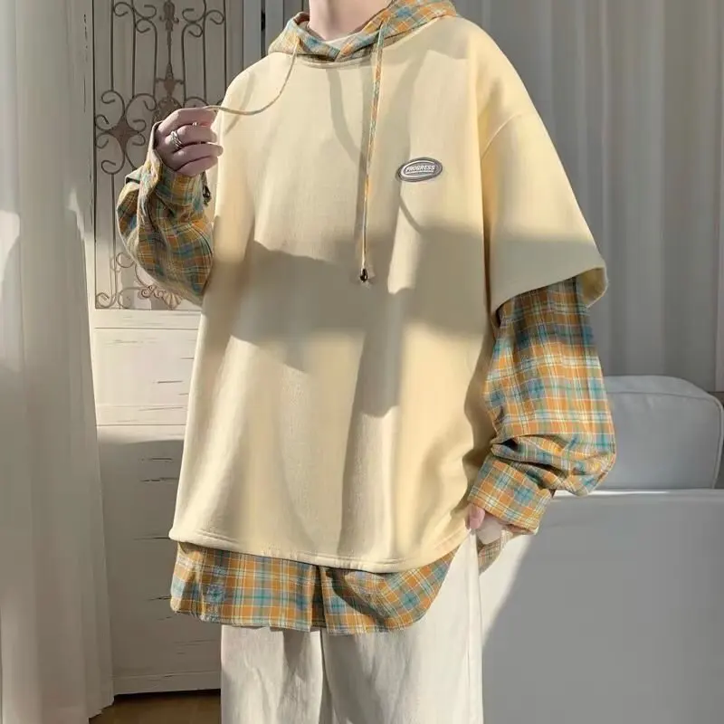 

2025 Autumn New Fake Two Piece Men's Hoodie Korean Fashion Harajuku Casual Loose Men's Hoodie Pullover Sweatshirt Streetwear