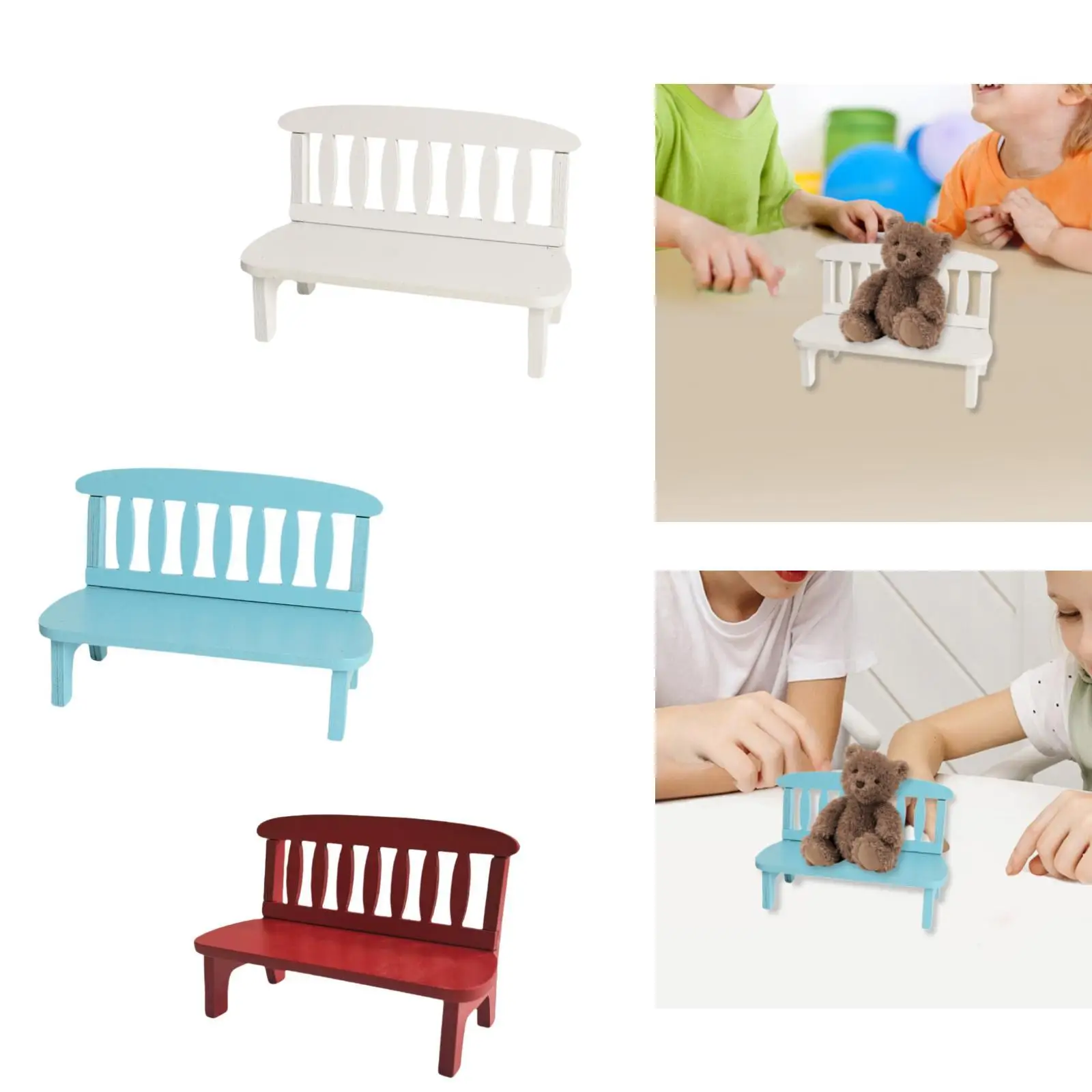 Mini-Puppenhausbank aus Holz, Miniaturbank für Puppenhäuser, Mittelstück, Doppelstuhl