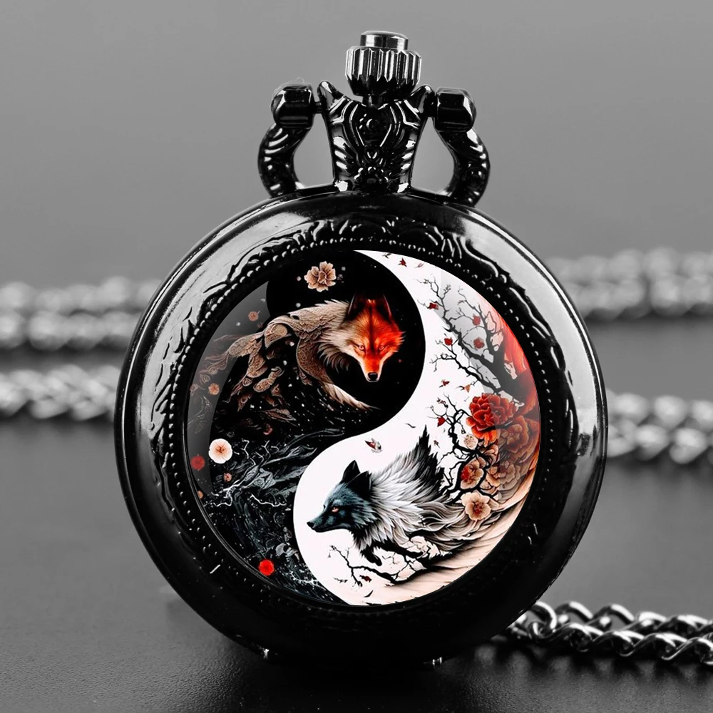 

Retro Yin and Yang Wolf Fox Quartz Pocket Watch Necklace Clock Pendant Unique Hour Clock Vintage Fob Watches Jewerry Gift