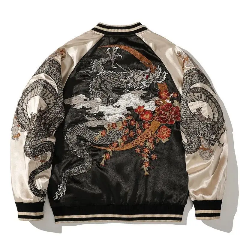 Heavy Embroidery Baseball Jacket Men's Women's Dragon Pattern Contrast Color Hamam Design Polyester Fiber Autumn Winter Coat