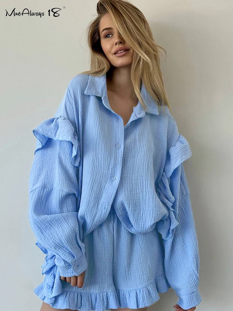 Mnealways18 Casual Ruffled Women Shorts Sets Two Pieces Oversize Shirts And Wide Legs Shorts Autumn Winter 2024 Homewear Outfits