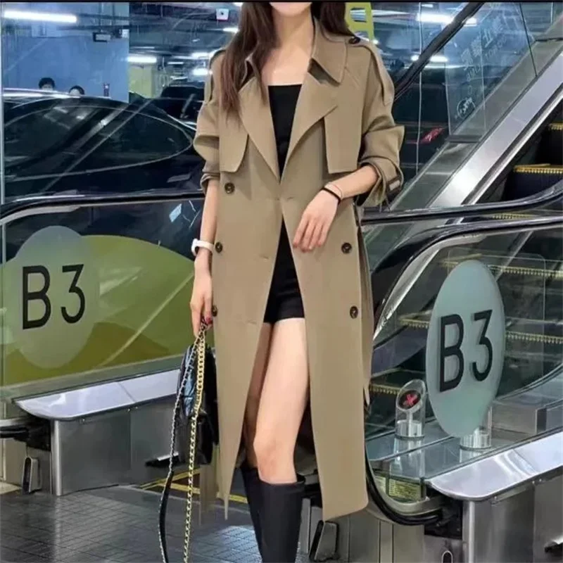 French Over-the-knee Windbreaker Women Long Style 2023 New Autumn Winter Temperament Design British Double-breasted Loose Coat