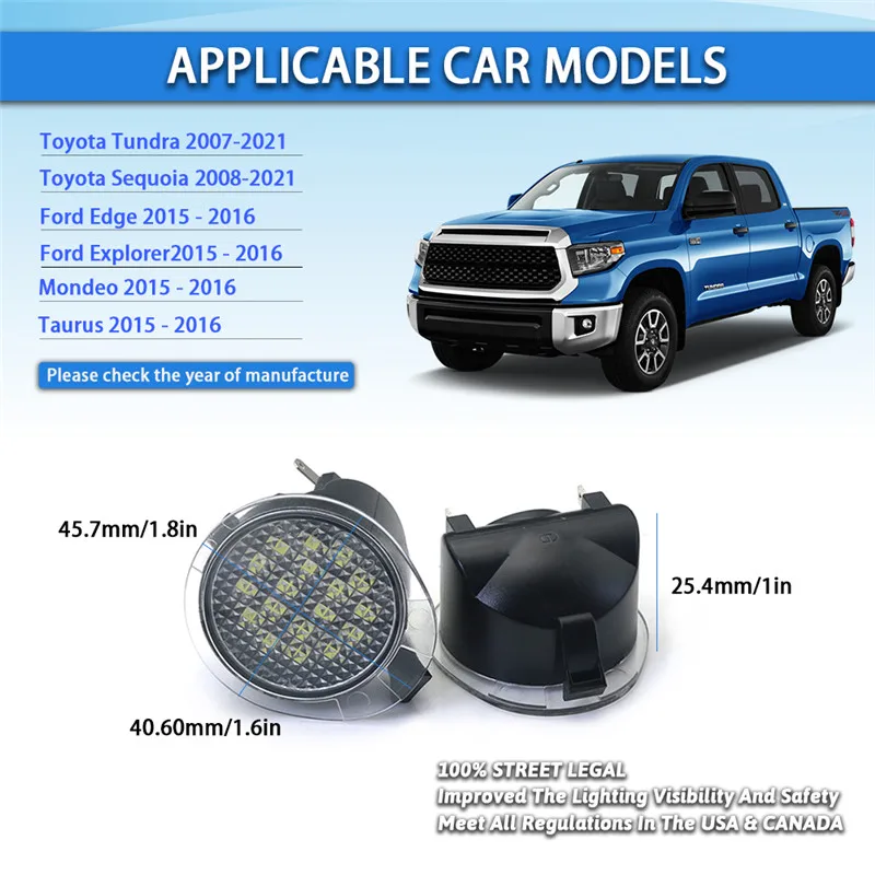 2Pcs/set For Toyota Tundra 2007-2020 Sequoia 2008-2020 CANbus LED Under Side Mirror Puddle Light Car Accessories