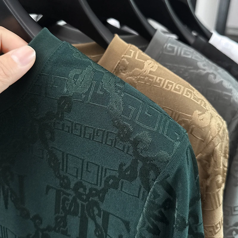 Herren Kurzarm-T-Shirts mit diskretem Jacquardmuster, Rundhalsausschnitt, lockerer Passform, knitterarm, leicht, modische Oberteile für Männer – Detail 15