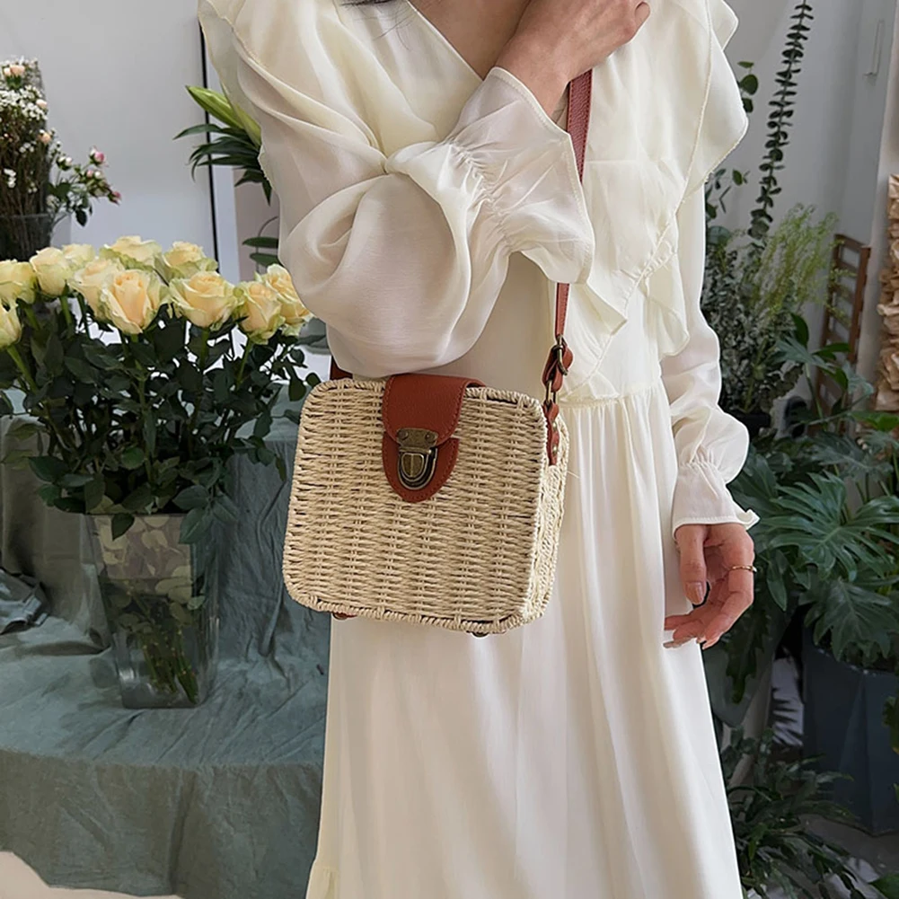 

Women Shoulder Bags Fashion Woven Ladies Handbags Casual Holiday Simple Handmade Adjustable Straps Small Square Bag