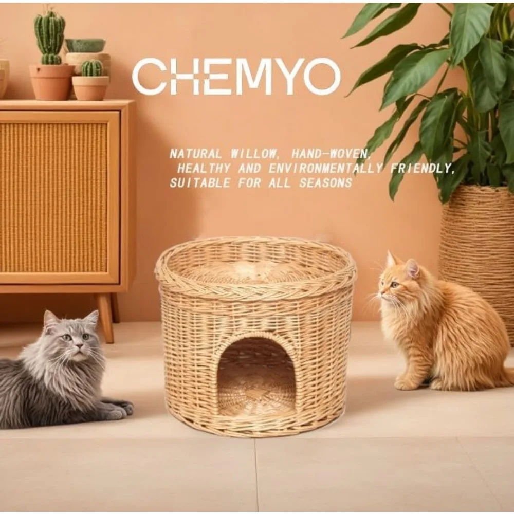 بيت قطط داخلي من الخيزران مكون من طابقين مع أسرة كهف مزدوجة لعيش مريح للحيوانات الأليفة