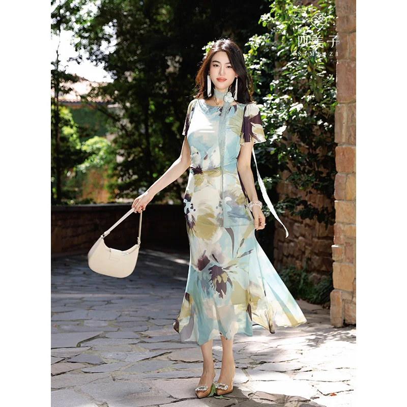

Chic Artistic Fading Print Qipao Dr High Elastici Me Fabric Breathable Daily Wear ort Sve Long Skirt Length
