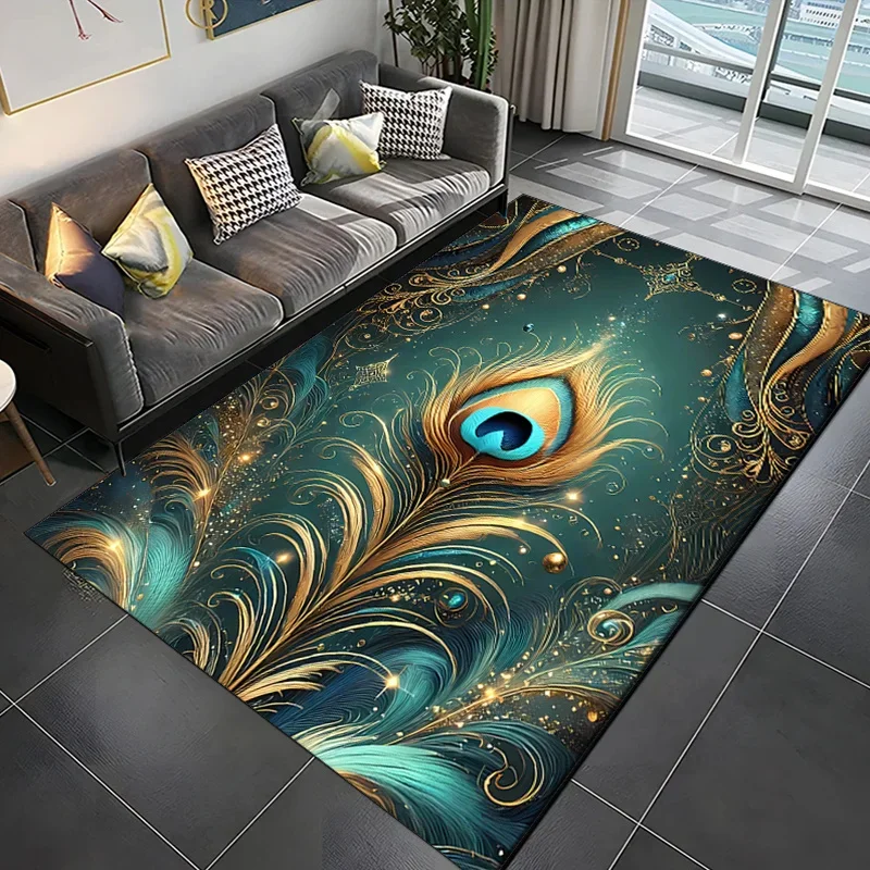 Flannel Printed Peacock Feather Rug Golden Blue Design Soft Fleece Floor Mat Living Room Carpet Luxury Decor Artistic Rugs