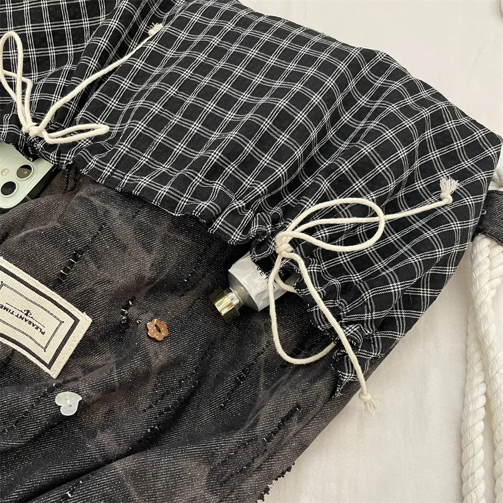 حقيبة ظهر بنمط مربعات مرقعة بألوان متباينة، حقيبة ظهر من القماش بتصميم بسيط لربيع وصيف النساء تستخدم الحقائب