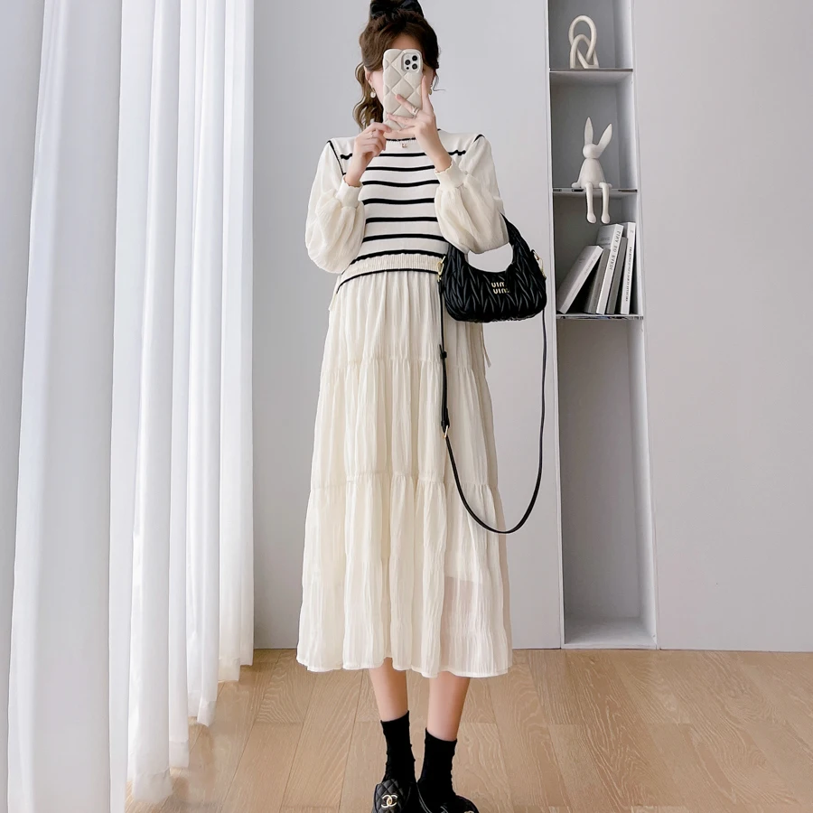 Autumn Maternity Dress Block Color Stripe Patchwork Long Lantern Sleeve Patchwork Pregnant Woman Pleated Dress Pregnancy Clothes