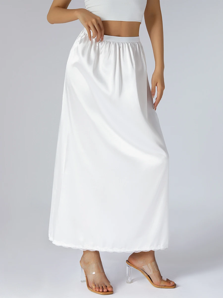 Femmes Satin dentelle longue sous-jupe antistatique taille élastique doublure intérieure jupe Maxi pour sous les vêtements Slip couleur unie jupes