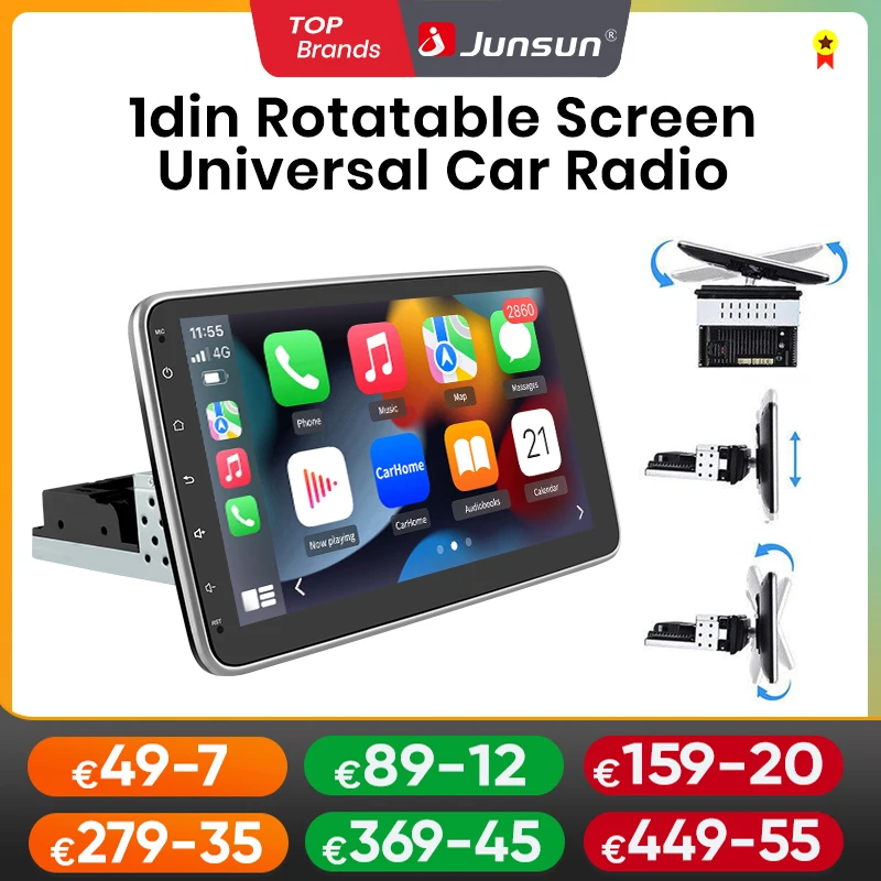 Junsun 10 inch Rotatable Touch Screen 1 Din Wireless Carplay Android Auto Car Radio Androidauto Multimedia Player WIFI BT 4G FM