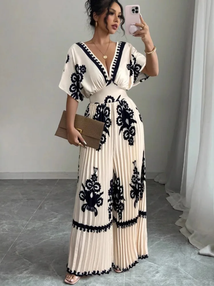 Dames jumpsuit met hoge taille en wijde pijpen ort Sve bedrukt woon-werkverkeer lange broek polyester stof lenteseizoen