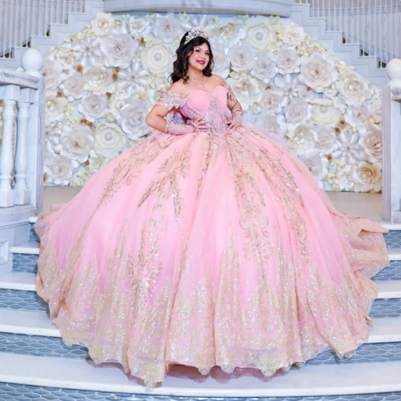 

Pink Shiny Ball Gown Quinceanera Dresses 2026 Gold Applique Lace Beading Crystal Tull Corset Off Shoulder Sweet 16 Dress Years